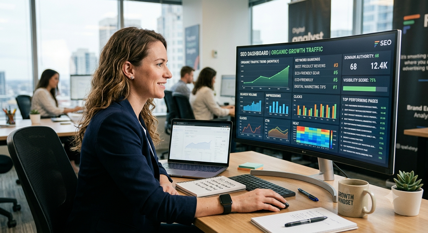A woman working on a desk with a computer monitor displaying SEO analytics, a laptop, and a mug that says 'Growth Mindset' in an office with large windows showing city skyscrapers.