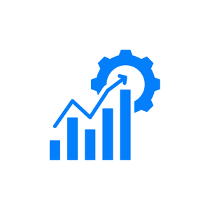 Graph with upward trend, gear icon, and bars indicating growth or progress