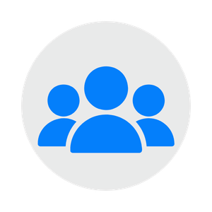 Icon of three blue abstract human figures on a gray circular background