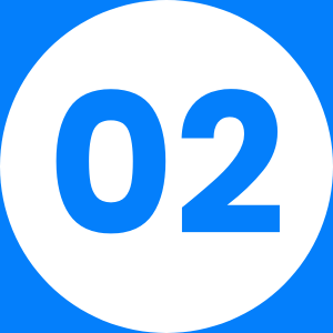 A white circle with a blue border containing the number 02 in blue.