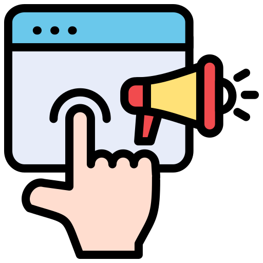 A hand pressing a notification icon on a web browser window, with a megaphone icon indicating an announcement or alert.