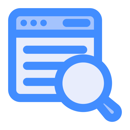 Icon of a web browser window with a magnifying glass, representing search or inspection.