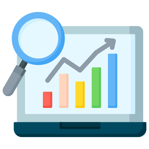 A computer monitor displaying a growing bar chart with five colorful bars and an upward-trending line graph. A magnifying glass is positioned over the chart.
