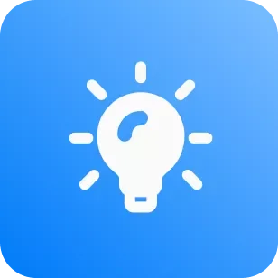 White light bulb icon with rays on a blue gradient background.