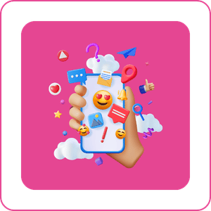 A hand holding a smartphone surrounded by social media icons and emojis on a pink background.