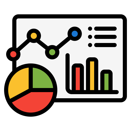 Illustration of various charts including a line graph, a pie chart, and a bar graph with data points, segments, and bars in red, yellow, and green.