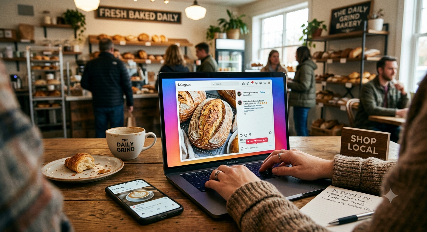 A woman working on a laptop at a cafe with baked goods, coffee, and a phone displaying a latte art photo. The cafe has shelves with bread and signs that read 'FRESH BAKED DAILY' and 'THE DAILY GRIND BAKERY'.