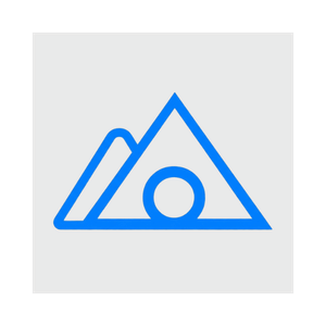 A blue line drawing of a mountain, a circle, and an abstract shape on a white background.
