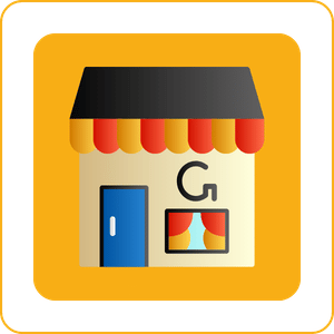 Icon of a small store with a blue door, a striped red and yellow awning, and a window displaying cans or jars, set against a yellow background.