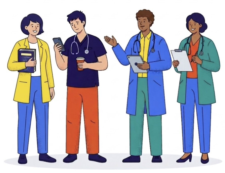Four diverse healthcare professionals, including two women and two men, wearing colorful medical coats and scrubs, standing together and engaging in a discussion.