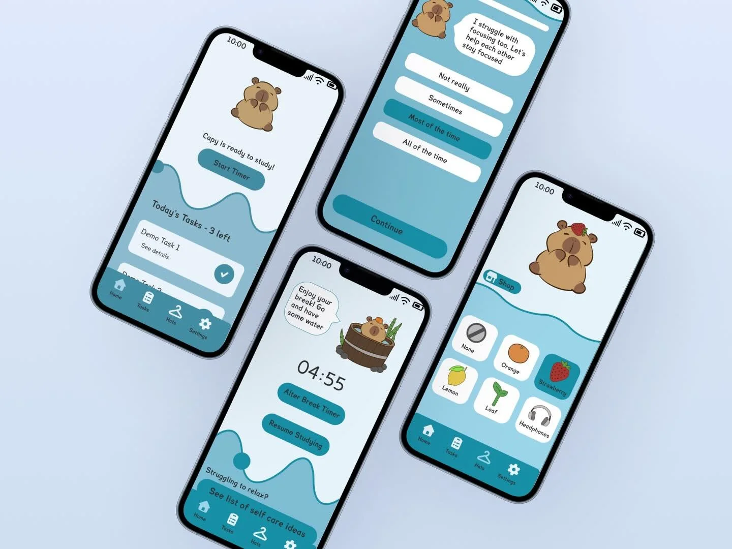 Capy Study - The Human Lens (UX) Studio Year 2 Semester 2 (July-October 2025)

Say hi to Capy! They&rsquo;re about to be your new best friend for studying.
Capy Study is a prototype that uses a fully customisable pomodoro-style timer to develop your 