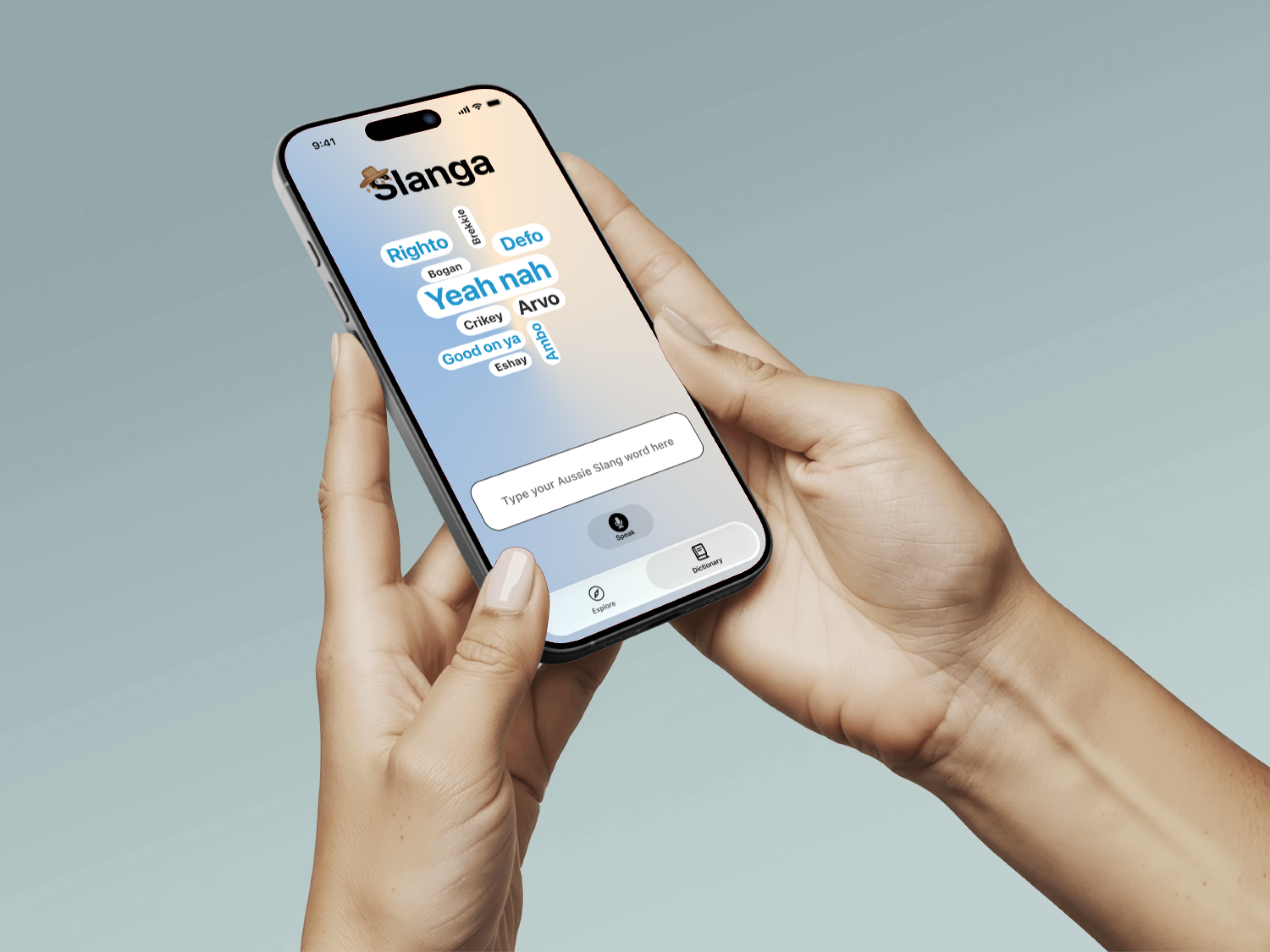 Slanga Mockup - hands holding an iphone with the home page of our app on the front