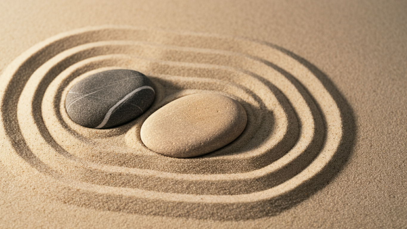 Two stones partially buried in sand, creating a circular ripple pattern around them.