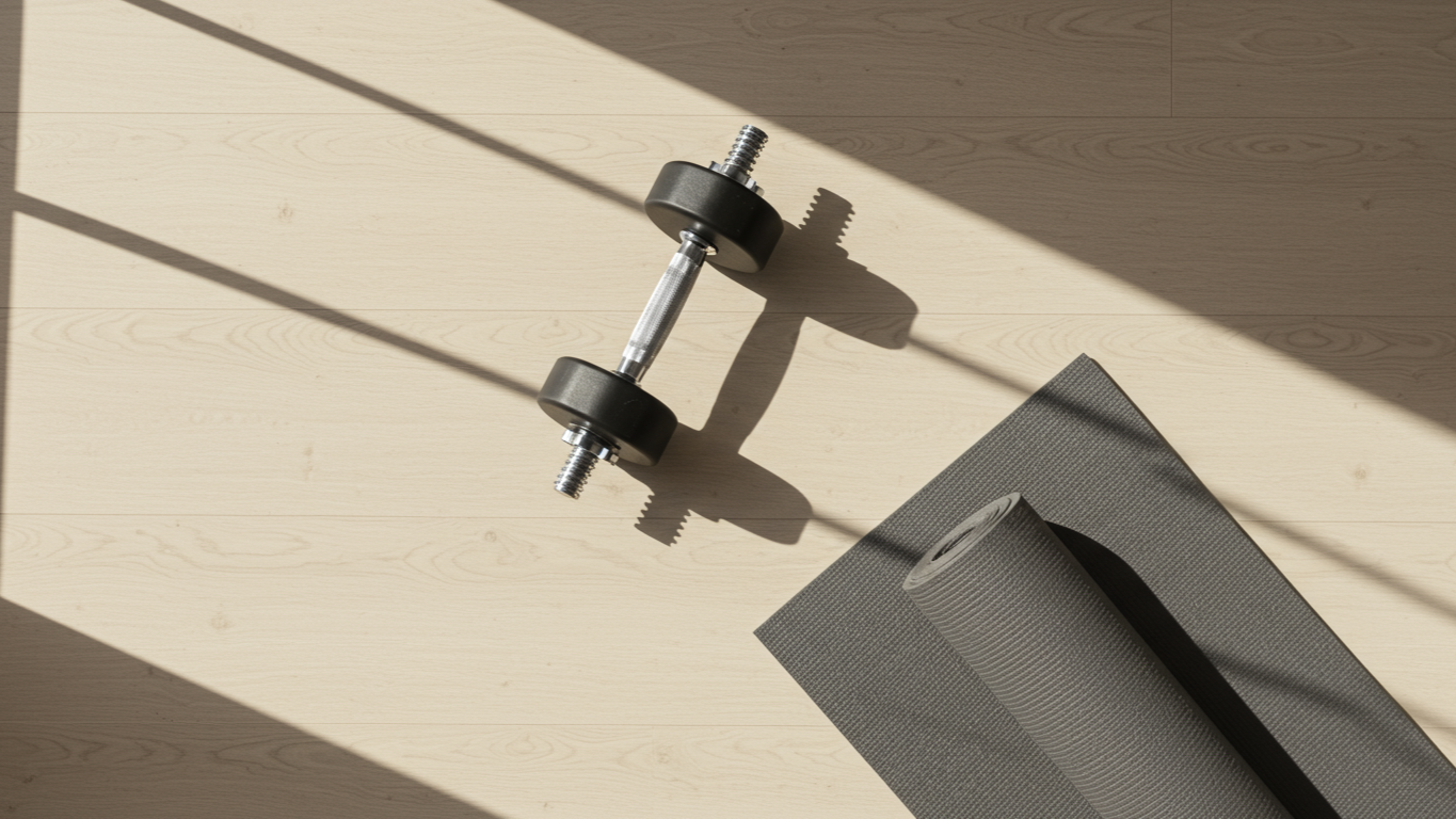 A dumbbell and a rolled-up yoga mat on a light wooden floor with shadows from sunlight