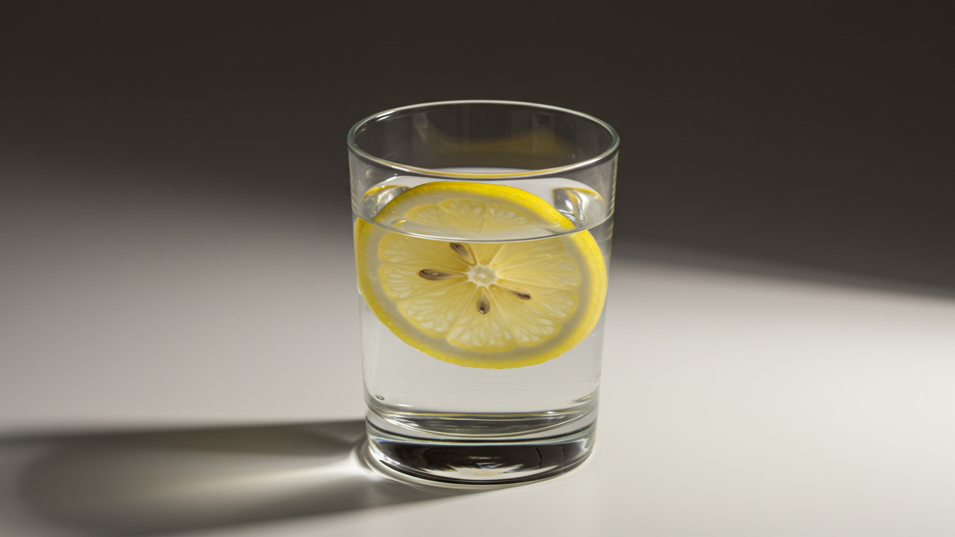 A glass of water with lemon slices inside, placed on a white surface with a shadow, against a gradient gray background.