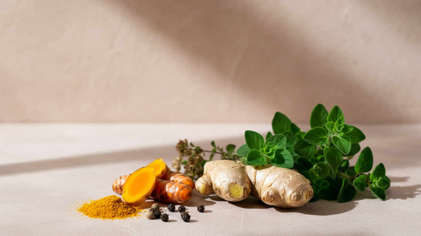 Fresh turmeric root, ginger, and green herbs on a white surface with a beige background.