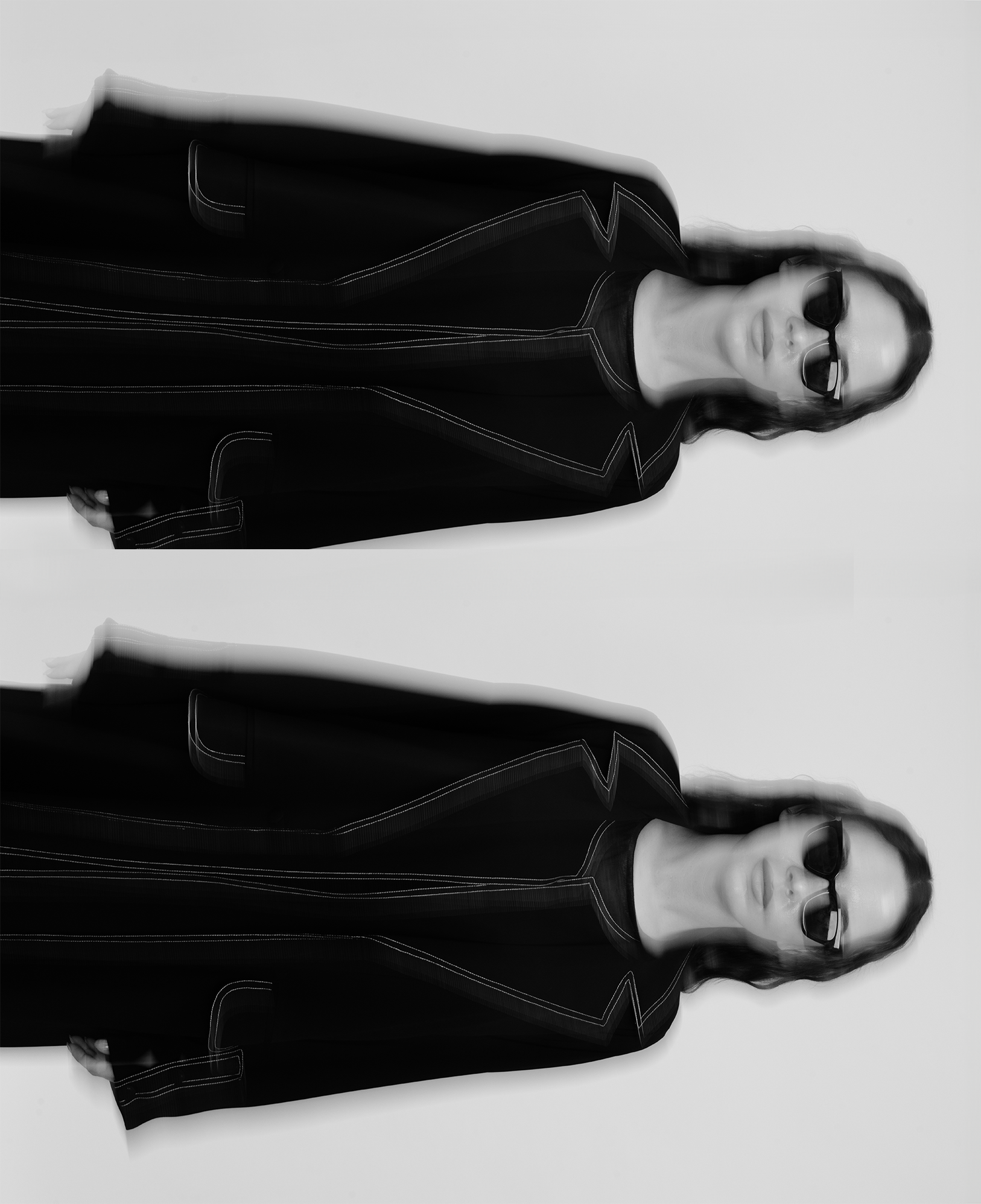 Black and white image of a woman wearing sunglasses and a dark jacket, with a blurred effect, repeated twice.