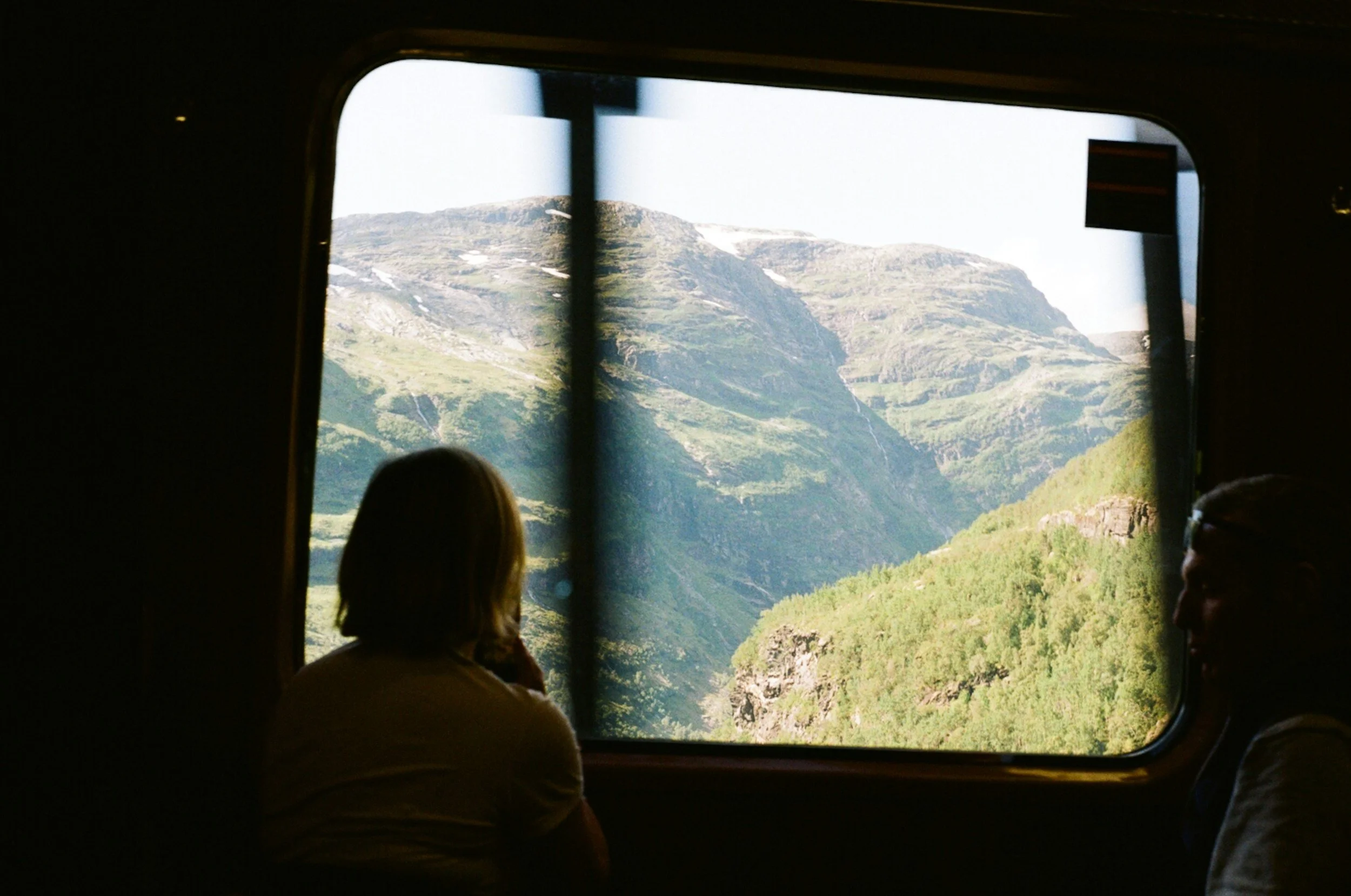 Passengers admiring dramatic Norwegian mountains through the window of a scenic train journey.