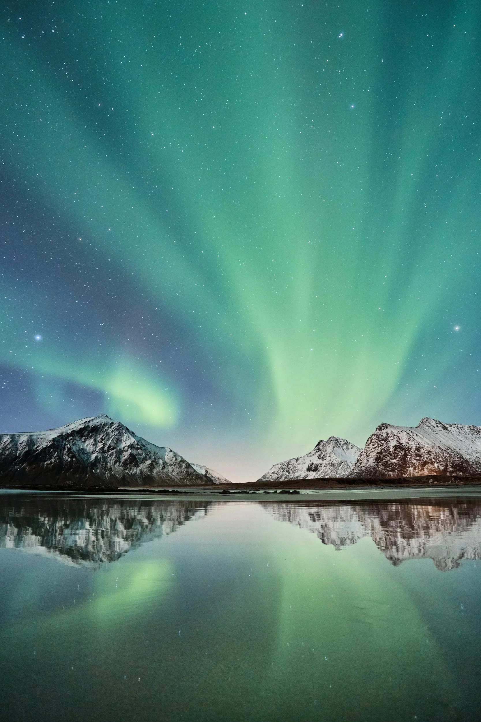 Northern Lights reflected in calm water beneath snow-covered mountains in northern Norway.