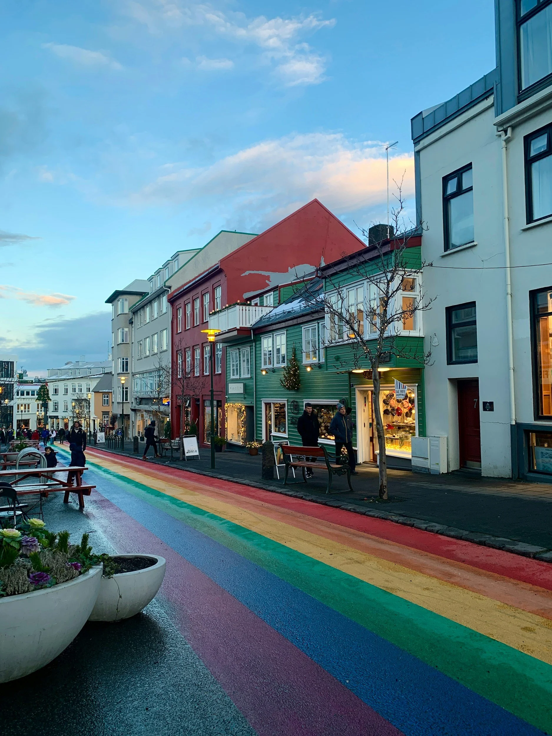Colourful Rainbow Street lined with traditional buildings in central Reykjavík, Iceland.