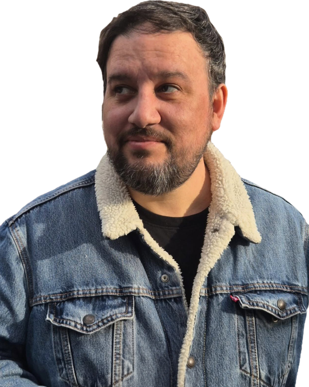 Portrait of the Nordic Travel Table founder wearing a blue Levi's denim jacket with a cream shearling collar.