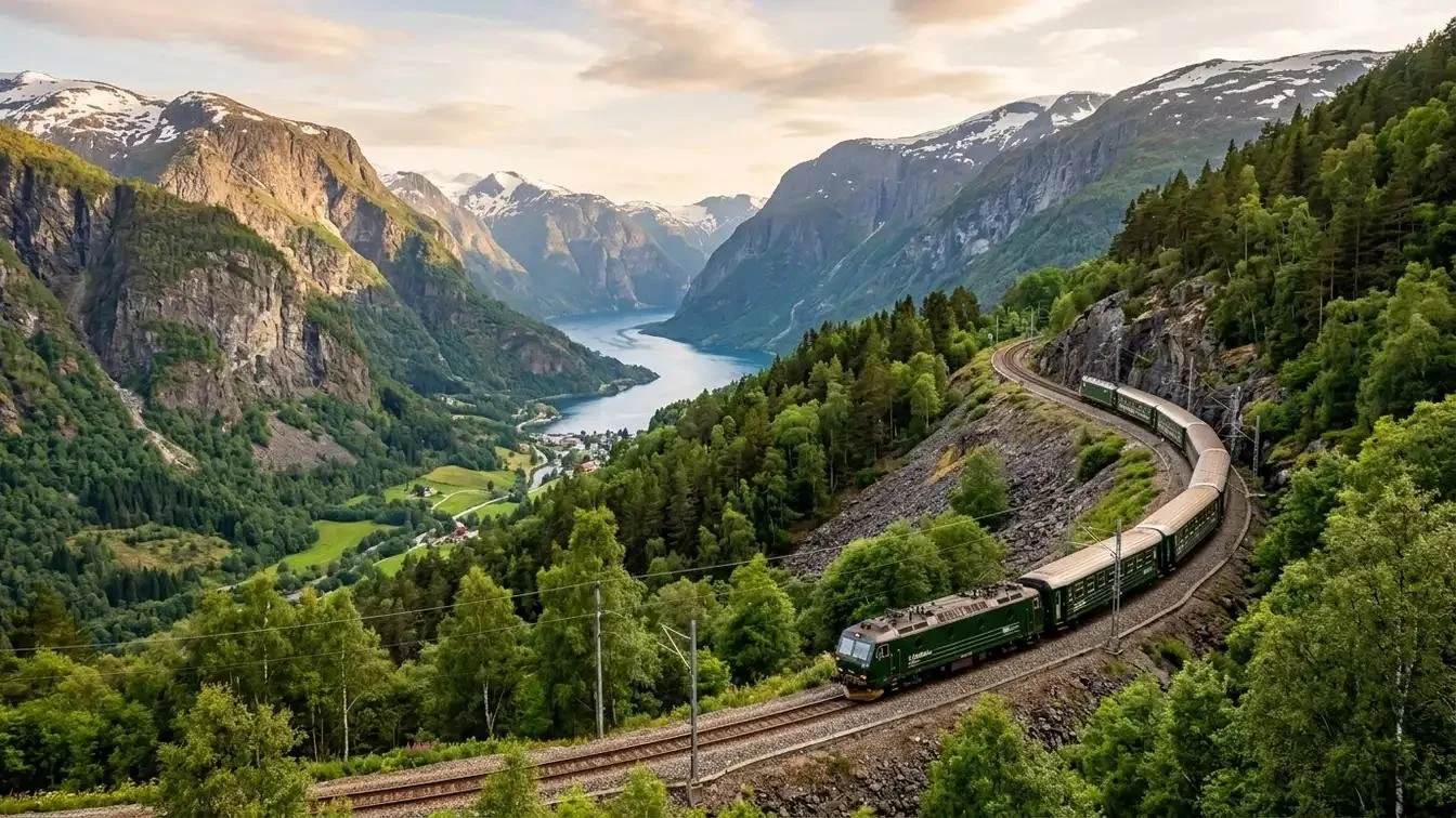 A scenic passenger train winds along a mountainside overlooking a dramatic Norwegian fjord, surrounded by lush green forests, towering cliffs and snow-capped peaks.