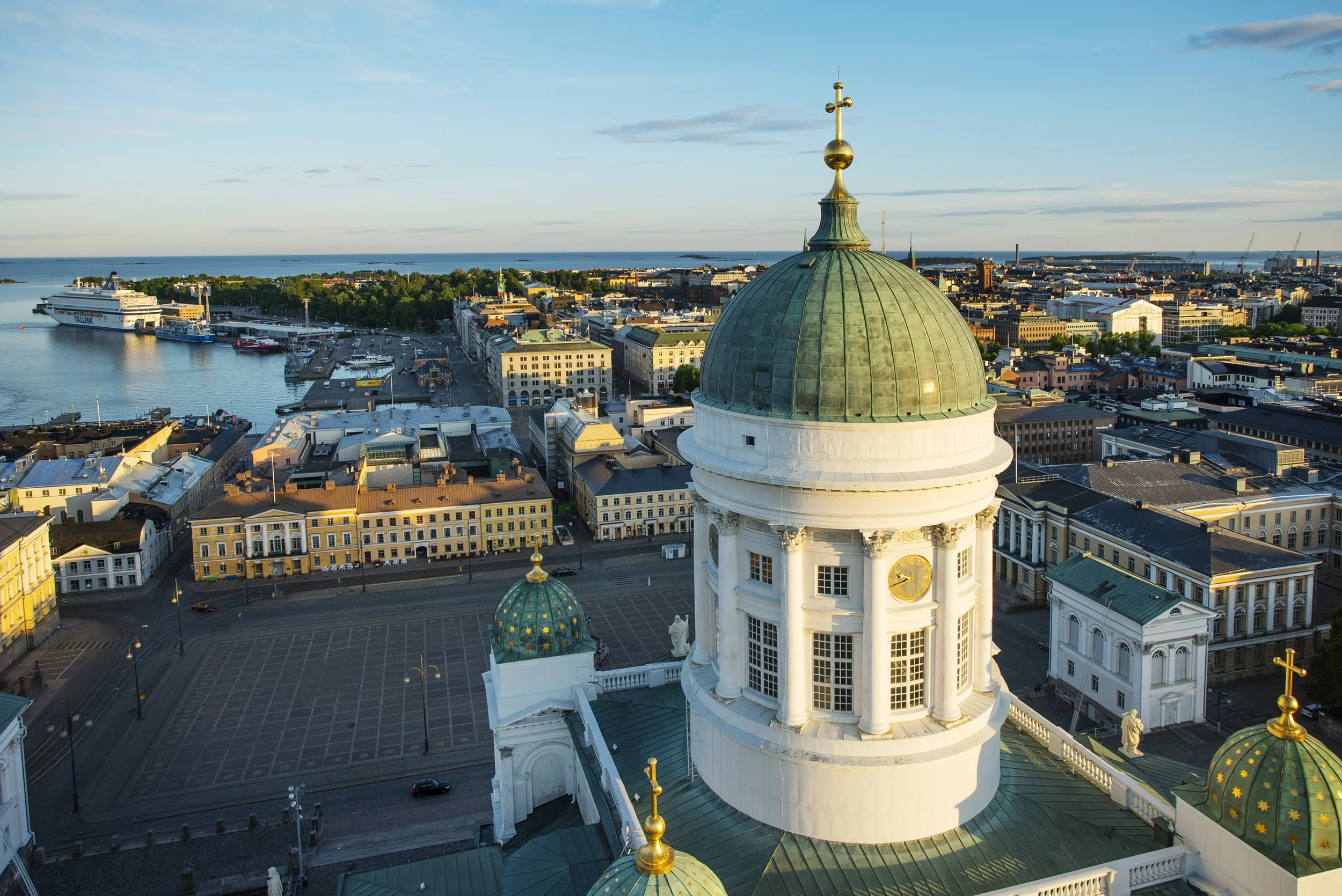 Aerial view of Helsinki Cathedral overlooking Senate Square, Helsinki city centre and the Baltic Sea.