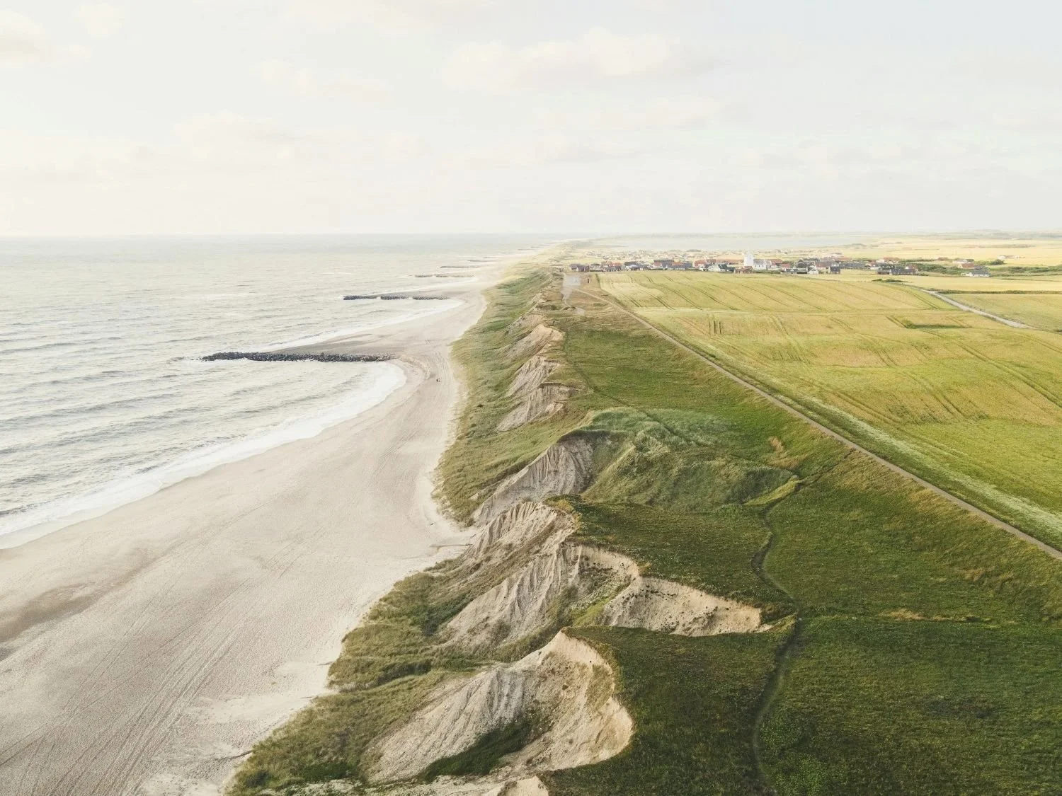 Sandy cliffs and grassy dunes stretch along a wide beach on Denmark’s North Sea coast.
