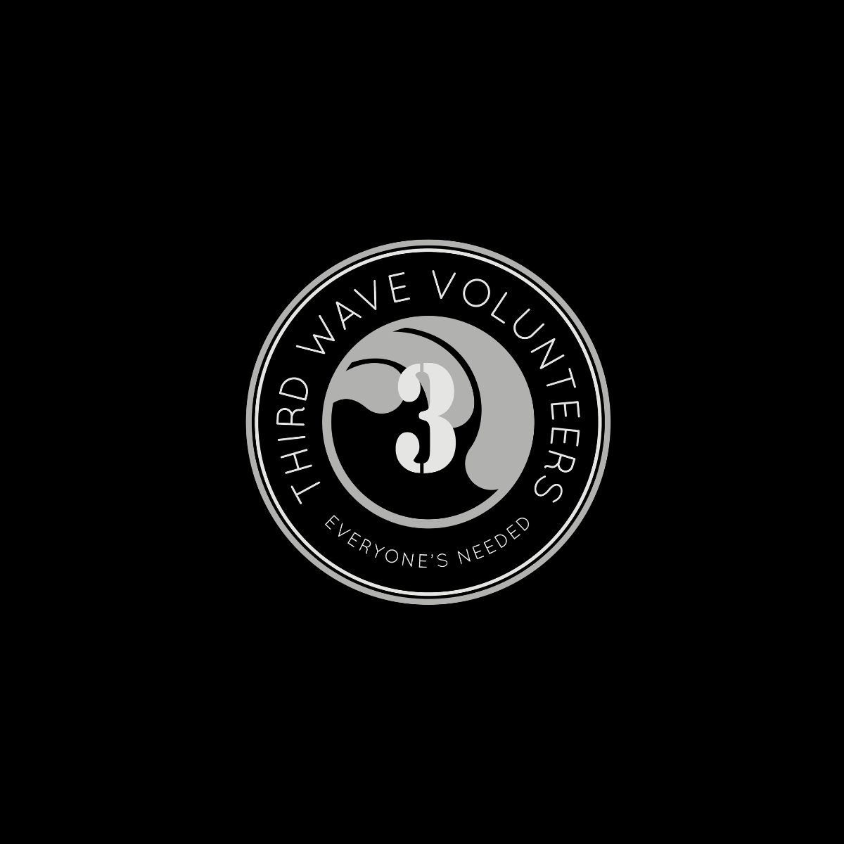 Circular logo for Third Wave Volunteers with a bird silhouette and a wave, featuring the phrase "Everyone's Needed" on black background.