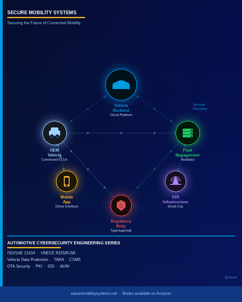 Connected vehicle cybersecurity ecosystem diagram showing OEM vehicle, cloud backend, V2X infrastructure, fleet management, and regulatory body
