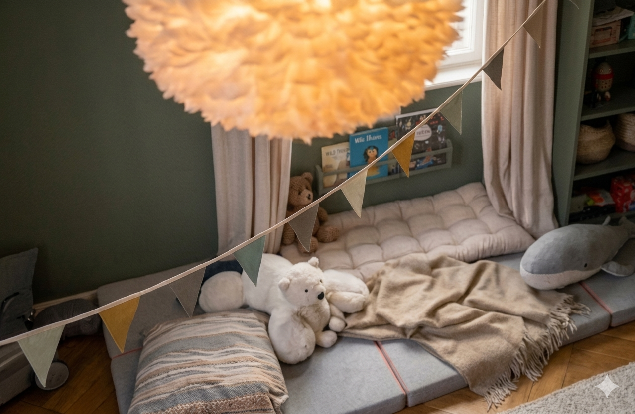 Gemütliche Lese- und Kuschelecke im Kinderzimmer vor Farrow & Ball Green Smoke – ein ruhiger Rückzugsort innerhalb des farbenfrohen Raumes.