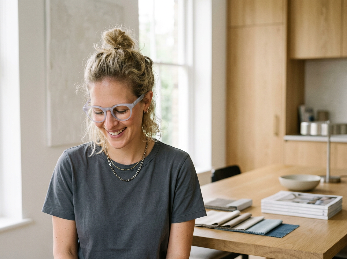 Interior Designerin Katha Rose bei der Arbeit mit Stoff- und Materialmustern.