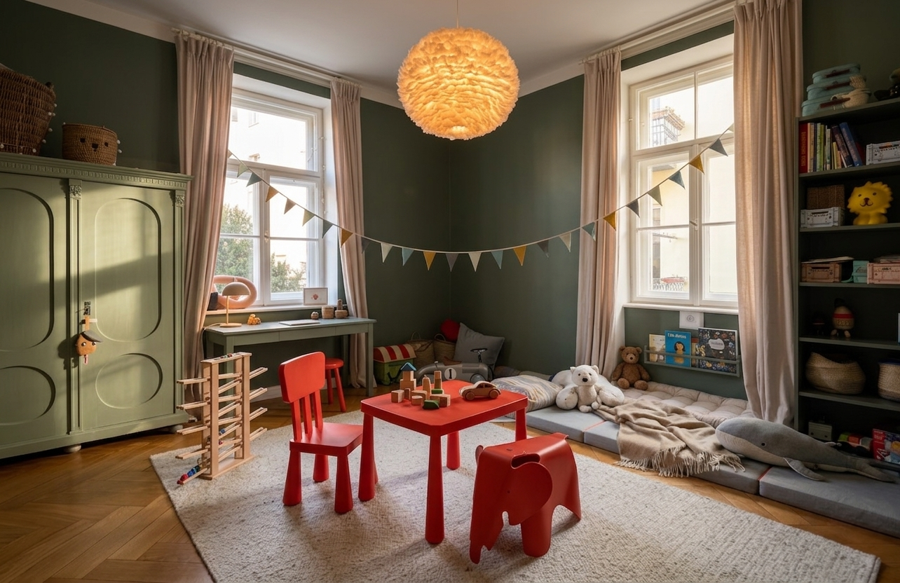 Kinderzimmer mit Farrow & Ball Green Smoke – der tiefe Grünton schafft einen ruhigen Hintergrund für farbige Kindermöbel, Spielzeug und Textilien.
