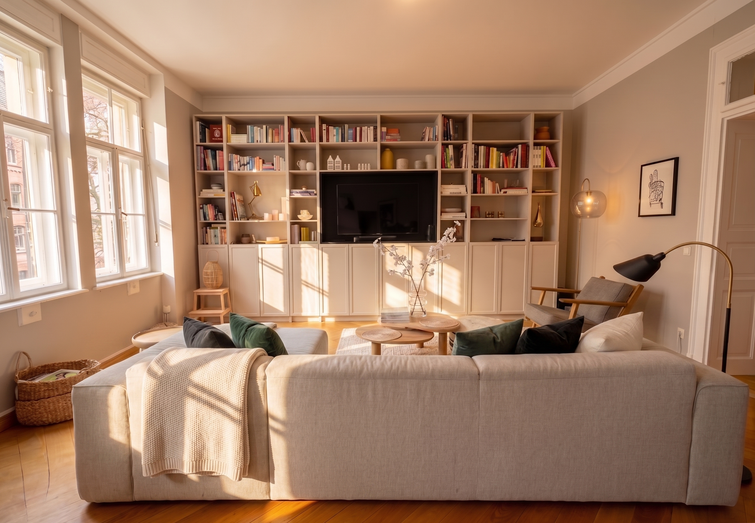 Wohnzimmer im Münchner Altbau mit Farrow & Ball Purbeck Stone – der zurückhaltende Farbton schafft eine ruhige Basis für vorhandene Möbel, Kunst und Materialien.