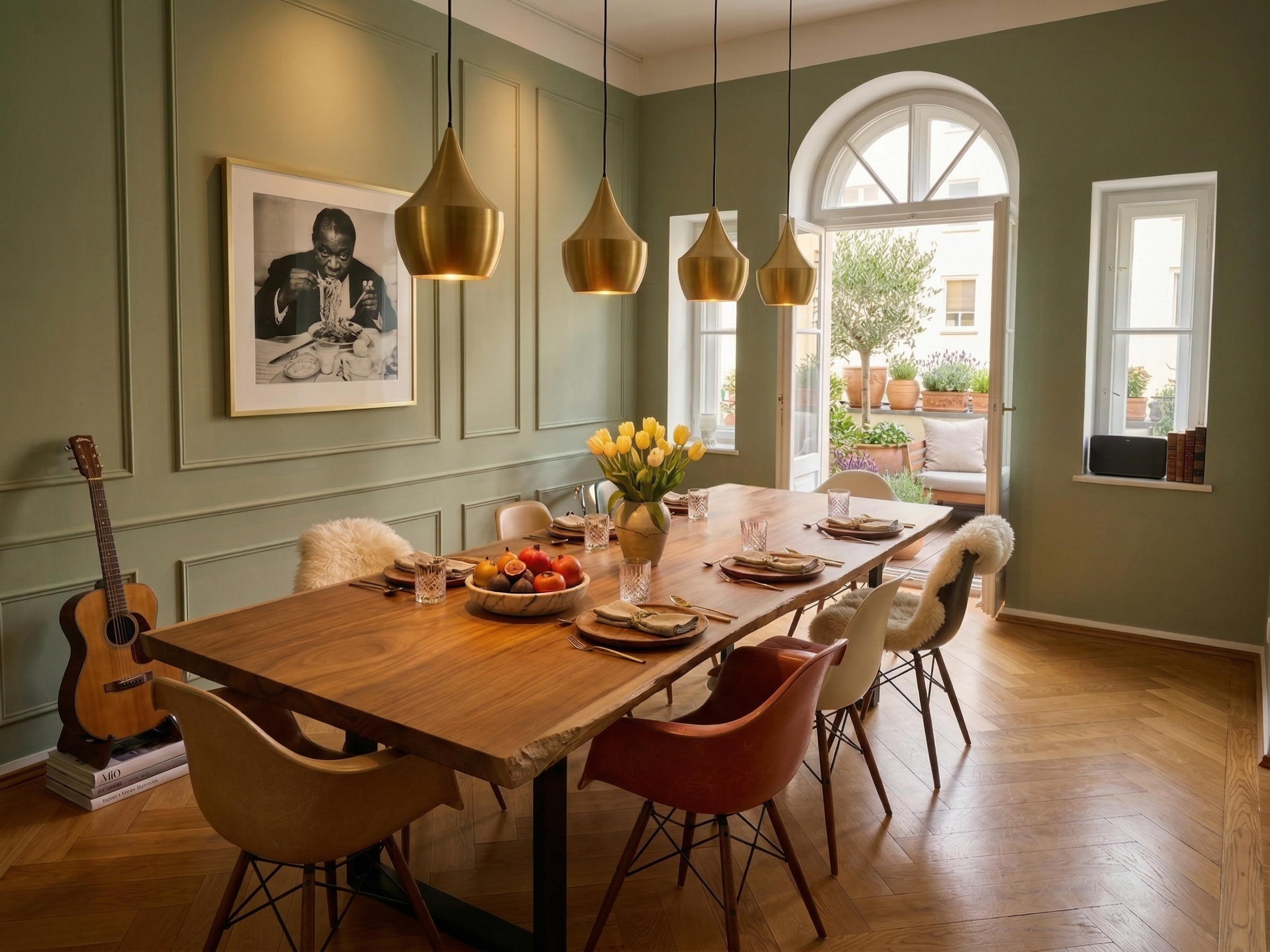 Altbau-Esszimmer mit Farrow & Ball Vert de Terre, klassischen Stuckleisten und warmem Holz – historische Substanz trifft auf eine moderne Farbgestaltung.