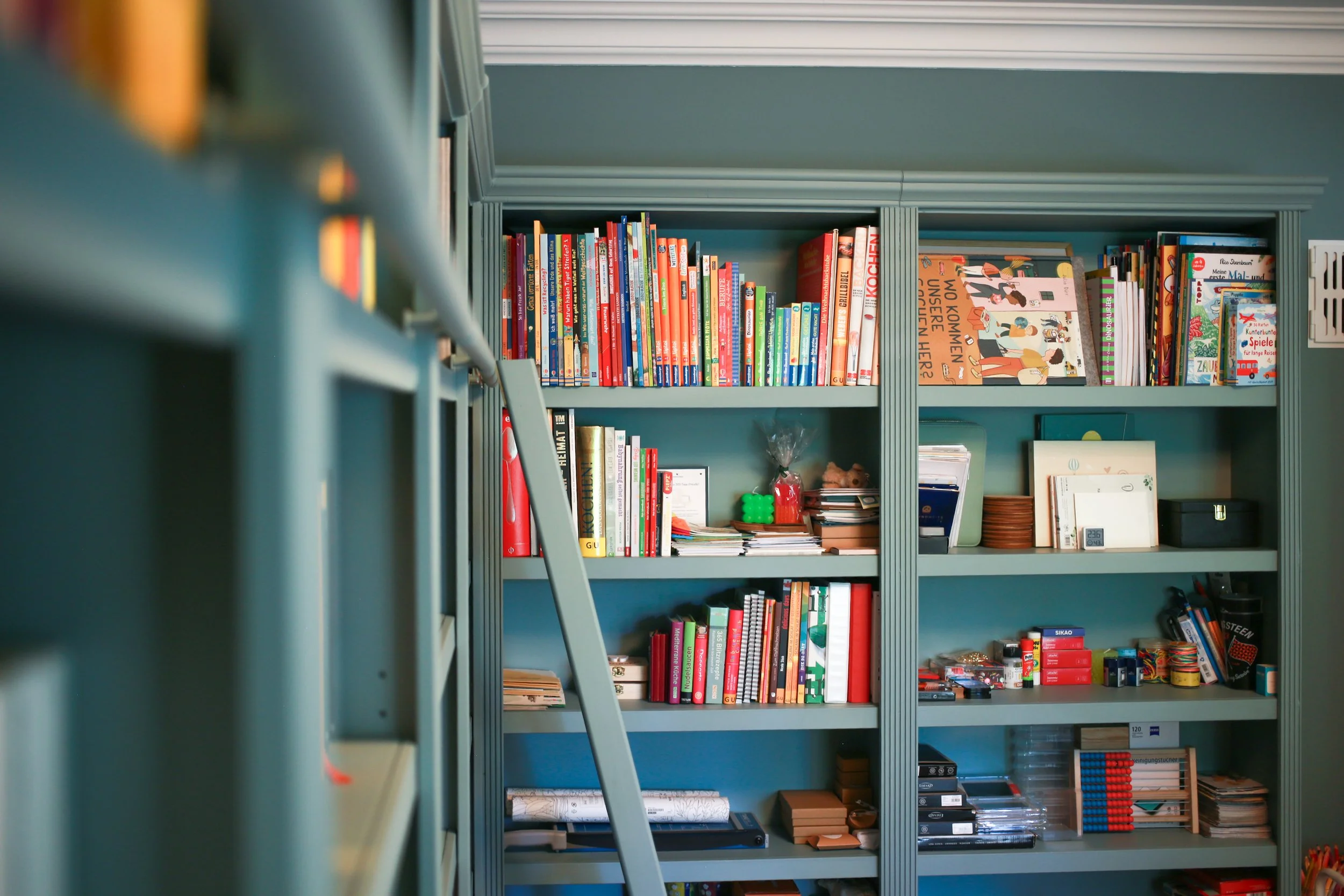 Bestehende Bücherwand in tiefem Blau-Grün mit integrierter Leiter – harmonisch eingebunden in das neue Farb- und Einrichtungskonzept.