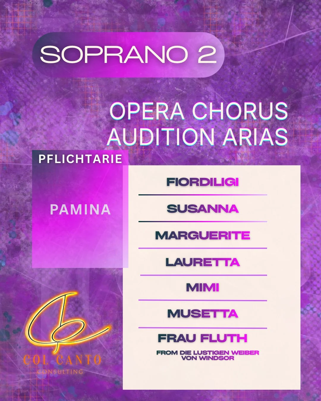 Sorry to keep you waiting Sopranos, but here are the arias commonly offered when auditioning for Sopran 2 Chor positions in German opera houses. You&rsquo;ll notice some overlap with the Sopran 1 arias, but there are options on this list that would b