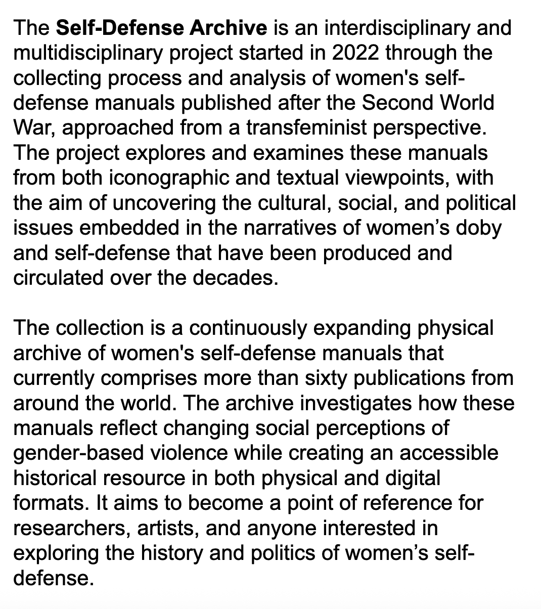 Text explaining the Self-Defense Archive project, its goals, content, and significance in documenting women's self-defense manuals from around the world.