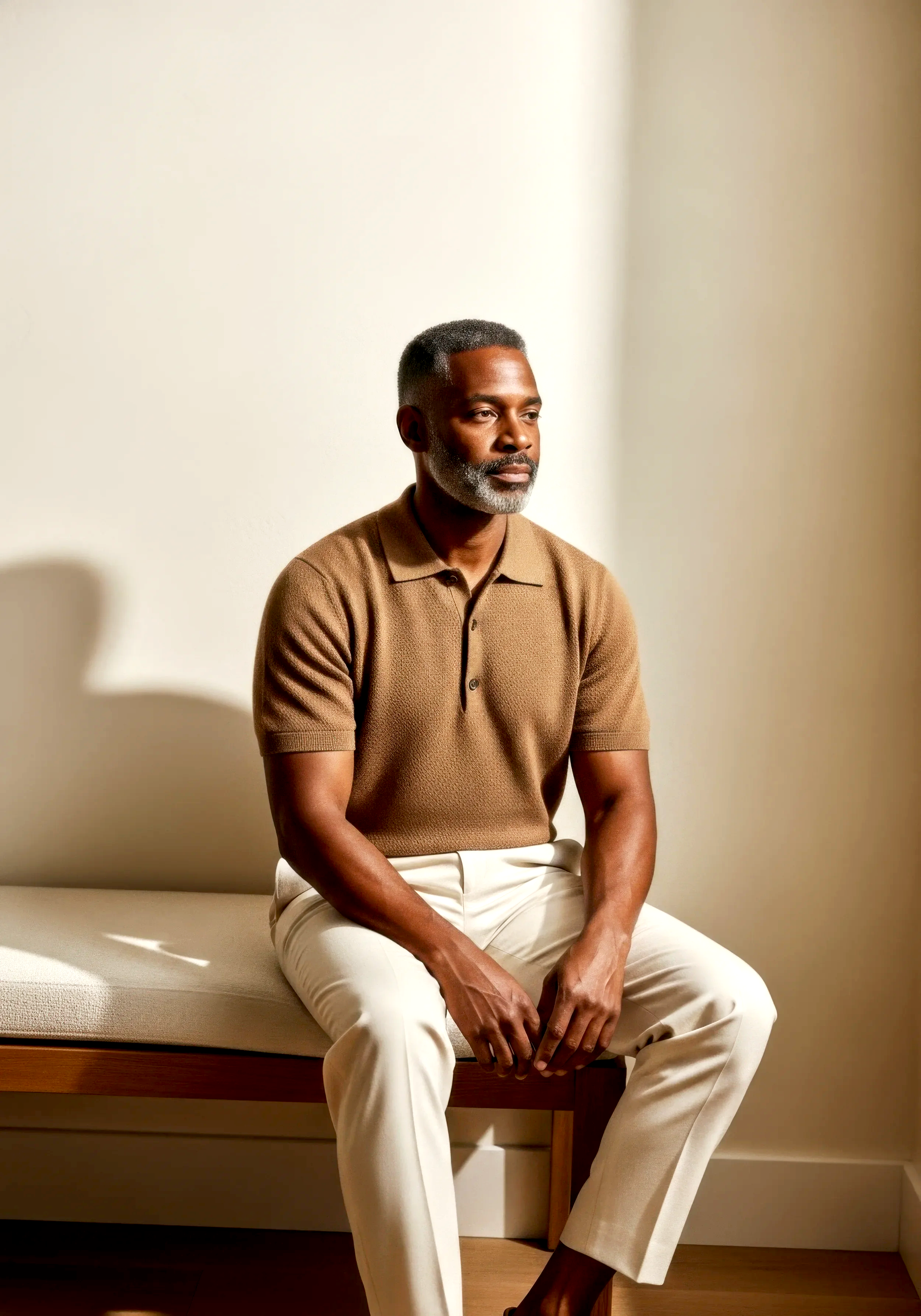 A middle-aged man with a gray beard sits on a bench against a neutral wall, wearing a tan polo shirt and beige pants, with natural light casting a shadow on the wall.