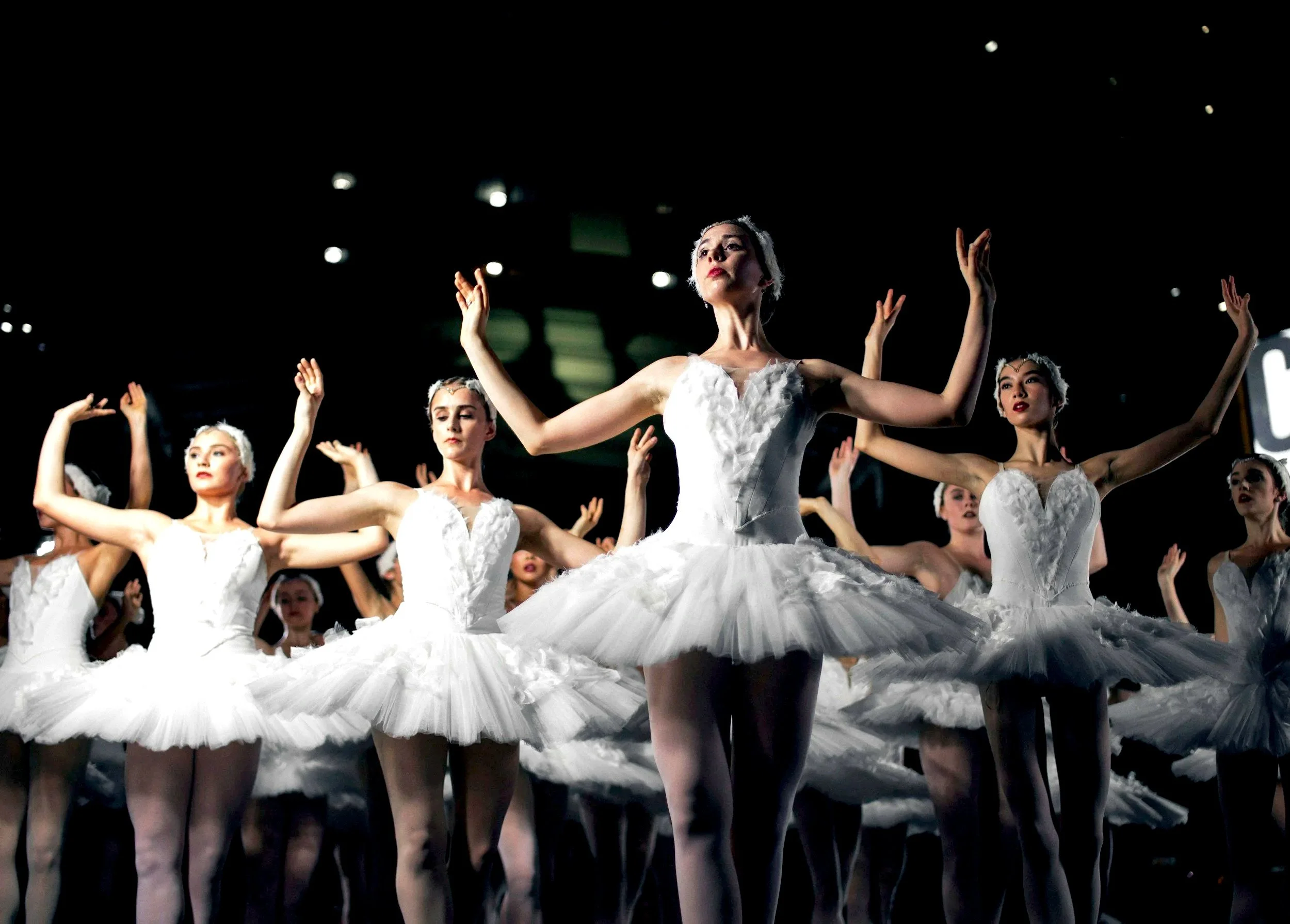 A group of ballet dancers in white tutus performing on stage, with a black background and stage lights.