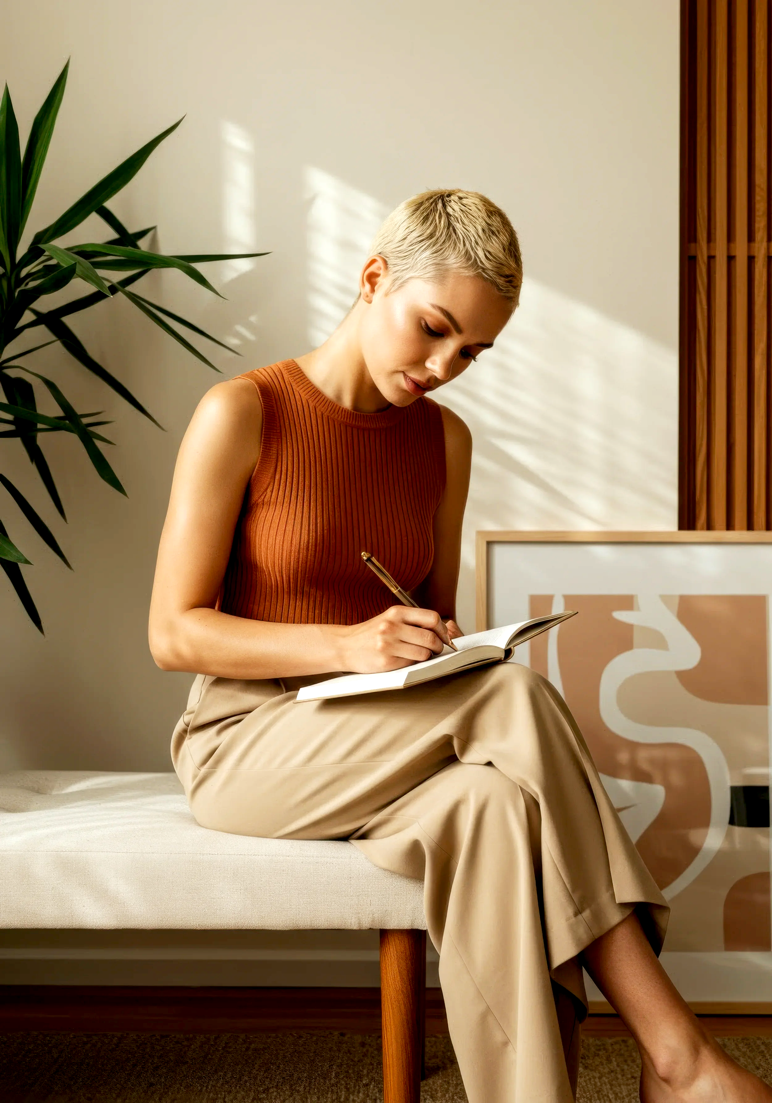 A woman with short blonde hair, wearing a sleeveless rust-colored top and beige pants, sitting on a bench and writing in a notebook in a well-lit room with a large plant, a framed artwork, and wooden wall decor.
