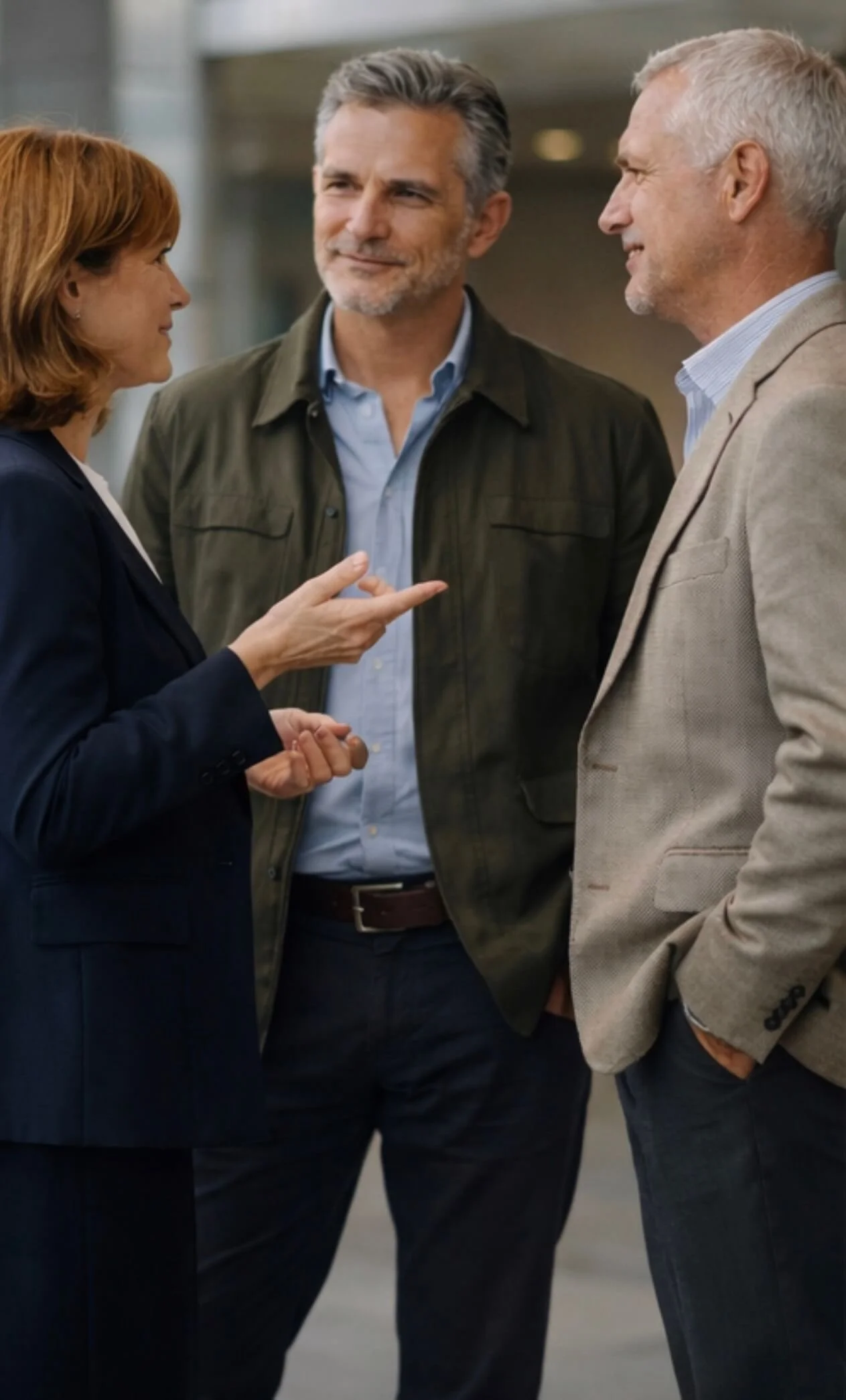 Three middle-aged adults having a conversation outside, with a woman gesturing while speaking to two men.