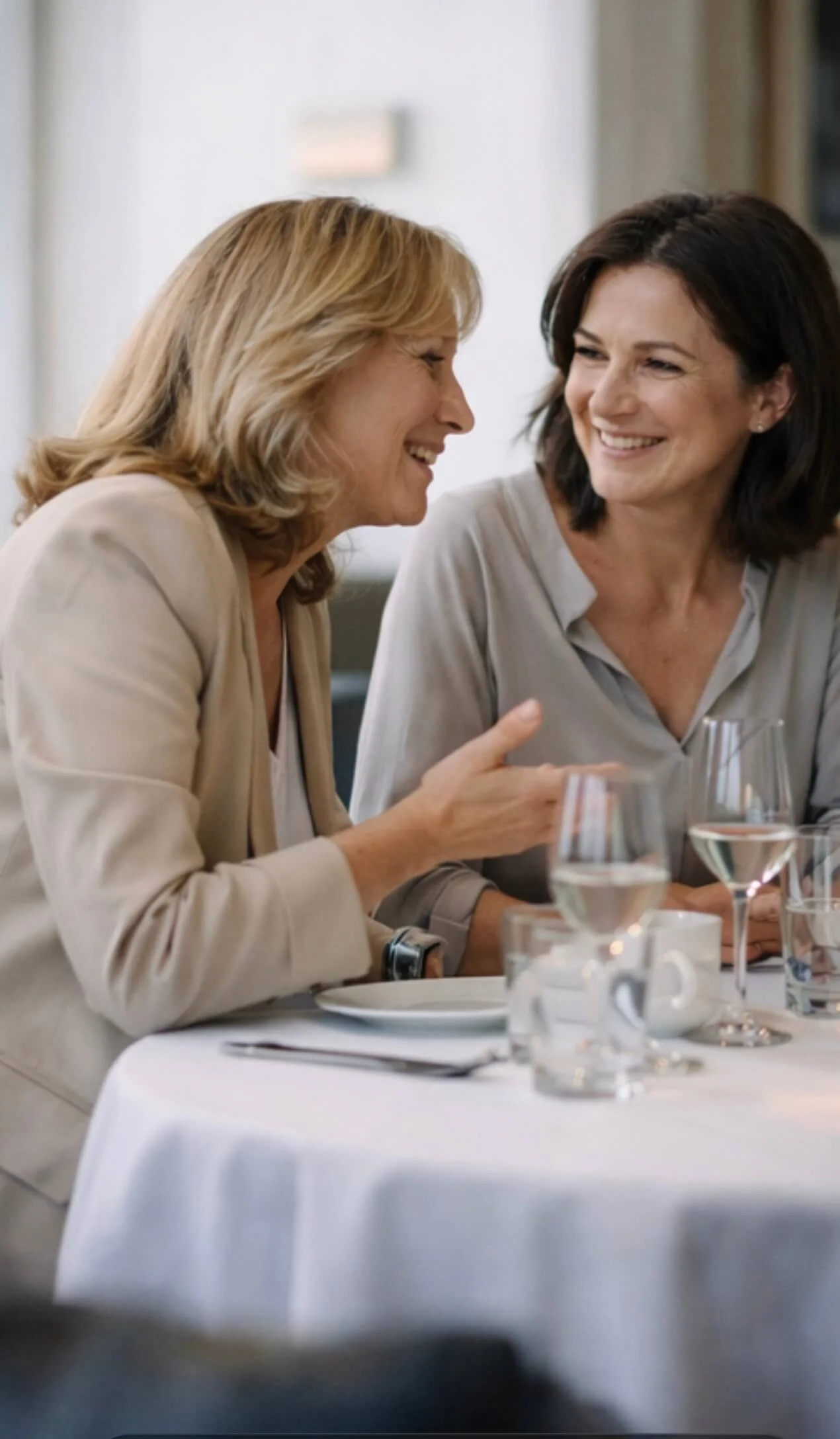 Two women sitting at a dinner table, smiling and engaging in conversation, with glasses of water and a cup on the table.