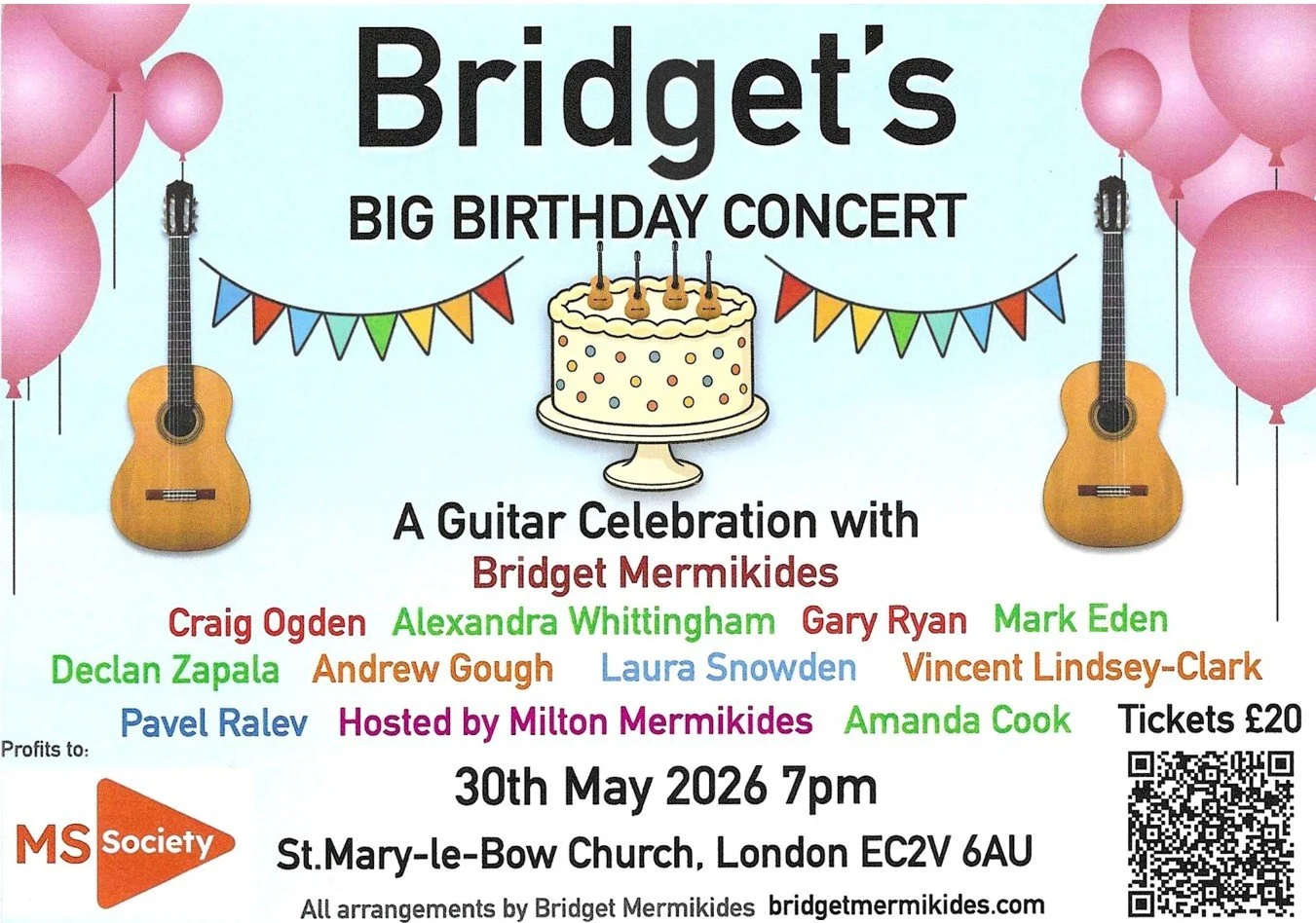 Event poster for Bridget's big birthday concert featuring a guitar celebration with Bridget Mermikides, including a cake and musical instruments, scheduled for May 30, 2026, at 7 pm at St. Mary-le-Bow Church in London, with a ticket price of £20.