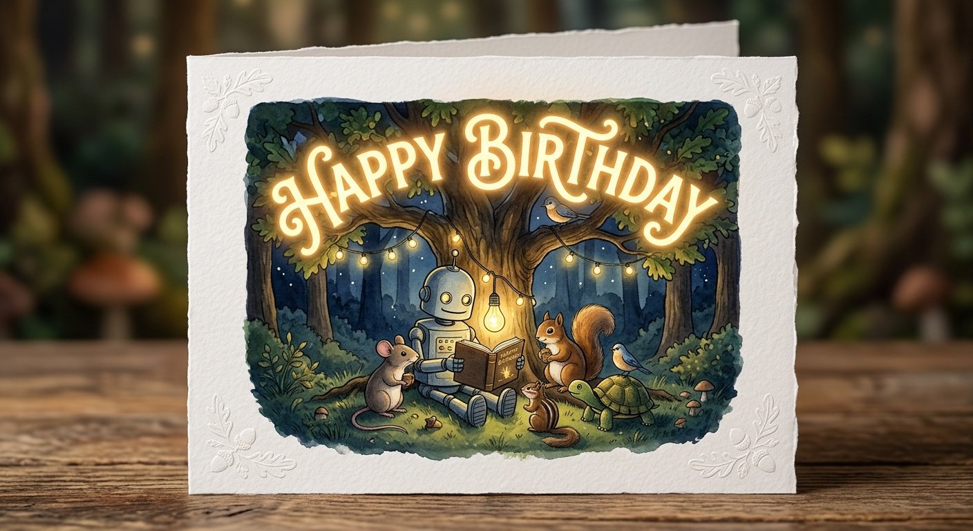 Colorful birthday card with illuminated text saying 'Happy Birthday' in a forest scene with animals, a robot, and fairy lights.