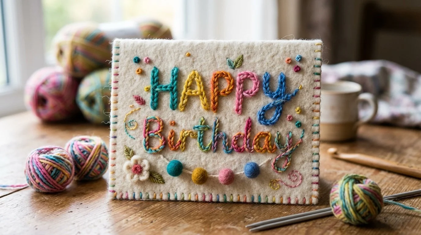 A handmade felt birthday card with colorful embroidery that says 'Happy Birthday' on a wooden table. Yarn balls and knitting needles are nearby, with a blurred mug and colorful fabric in the background.