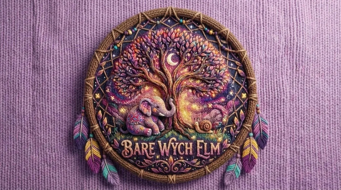 Colorful embroidered patch with a tree, an elephant, a snail, the moon, stars, and the words "Bare Wych Elm" on a purple knitted background.