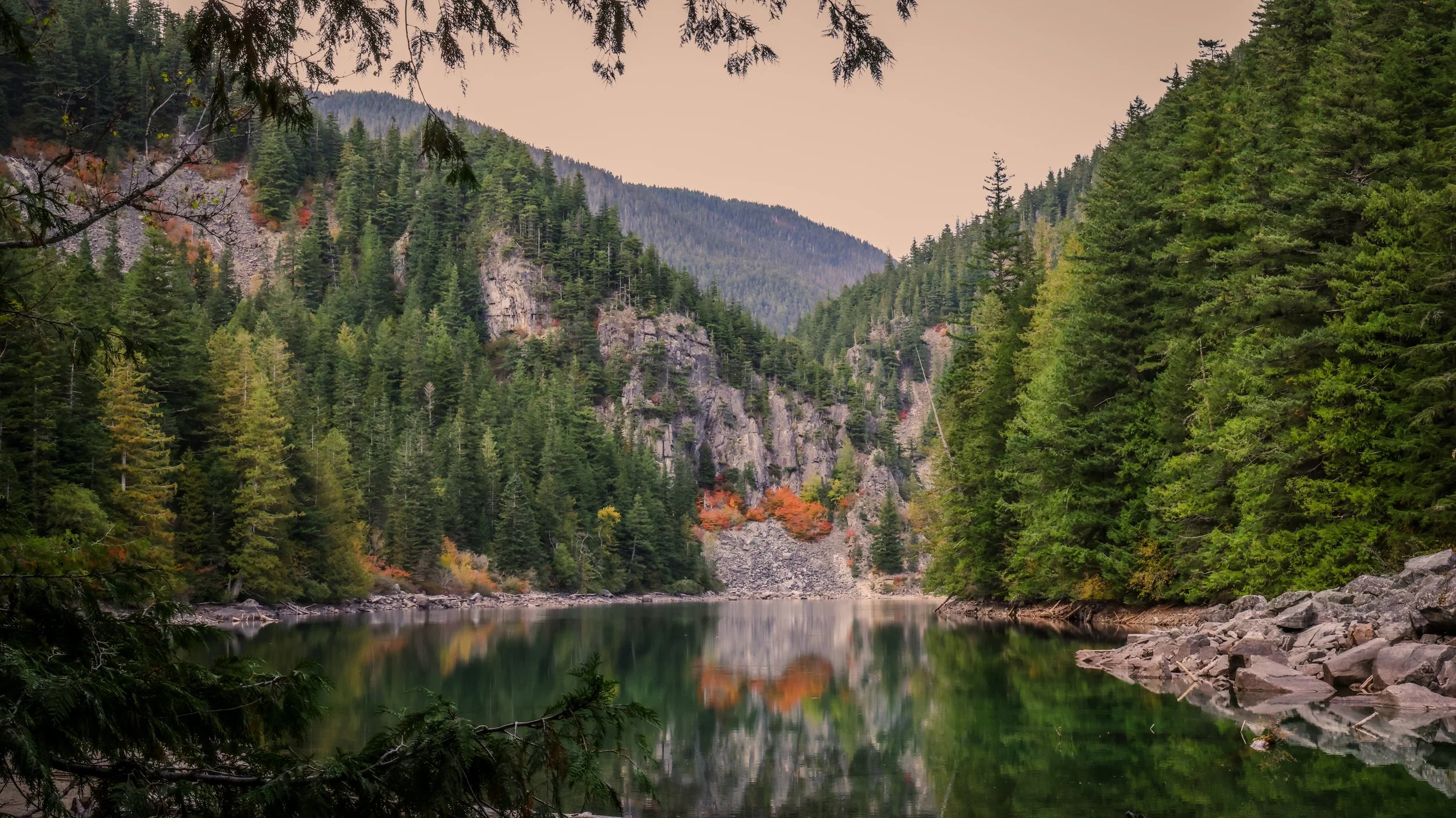View of a river flowing through a forested canyon with tall evergreen trees and rocky cliffs under a cloudy sky.