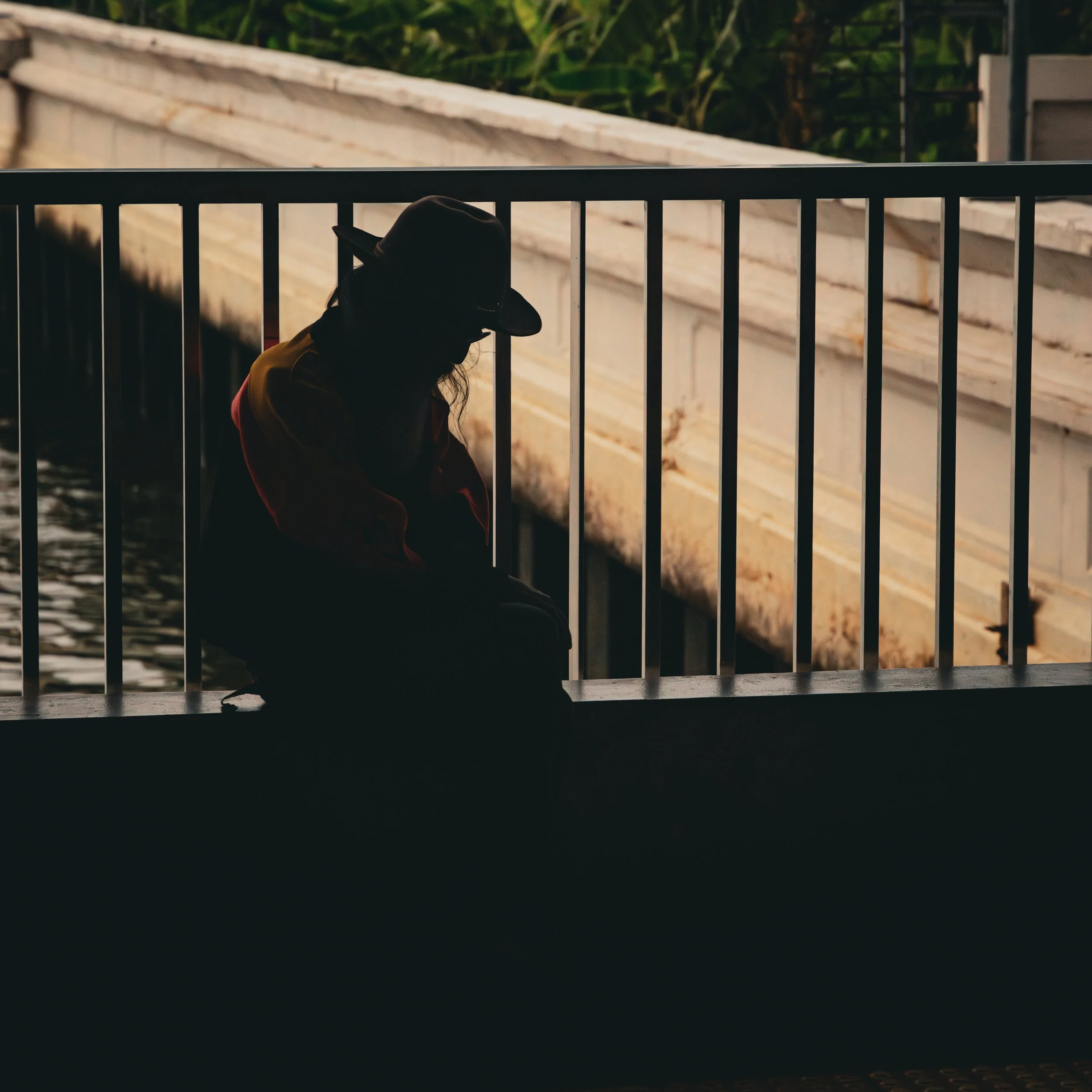 A person wearing a hat and jacket is sitting outdoors behind a metal fence, with a background of green leafy plants and a stone or concrete structure.