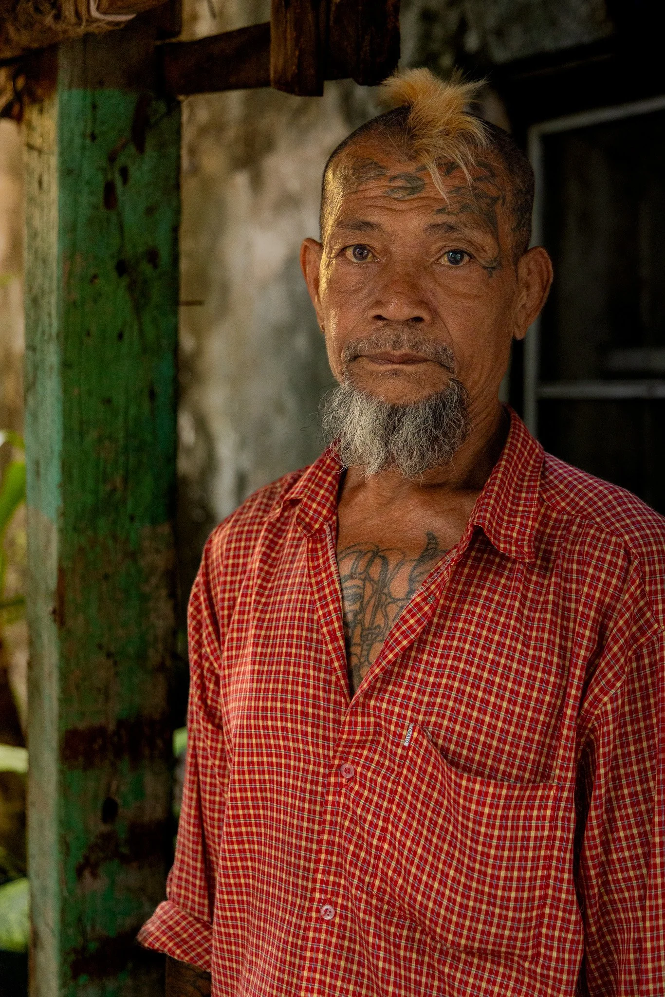 A man with a beard and tattoos on his chest, wearing a red checkered shirt, standing in front of a rustic background with green and wooden textures.